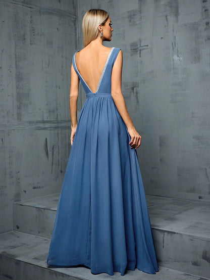 Crew Neck Hollow Shoulder Sequin Ribbon Waist Pleated Chiffon A-Line Bridesmaid Dress