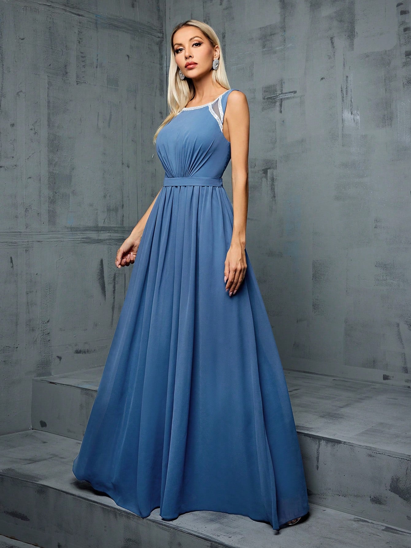 Crew Neck Hollow Shoulder Sequin Ribbon Waist Pleated Chiffon A-Line Bridesmaid Dress