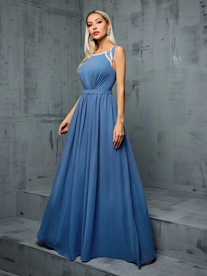Crew Neck Hollow Shoulder Sequin Ribbon Waist Pleated Chiffon A-Line Bridesmaid Dress