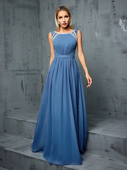 Crew Neck Hollow Shoulder Sequin Ribbon Waist Pleated Chiffon A-Line Bridesmaid Dress