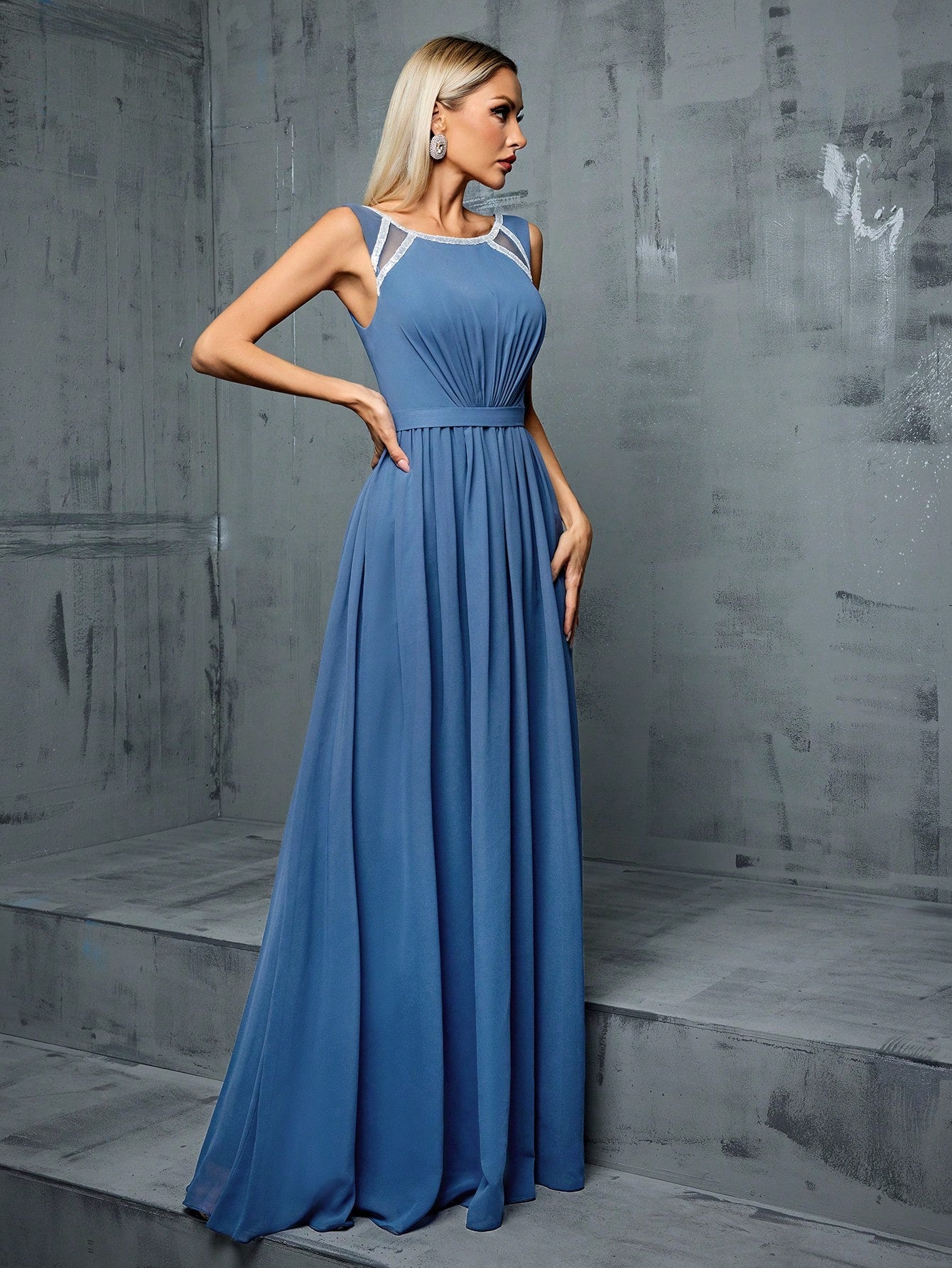 Crew Neck Hollow Shoulder Sequin Ribbon Waist Pleated Chiffon A-Line Bridesmaid Dress