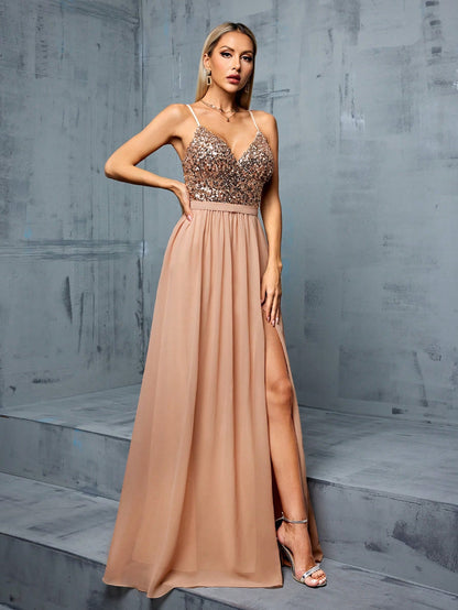 Women's Elegant Sequin Chiffon Spaghetti Strap V-Neck Slit A-Line Dress Party Wedding