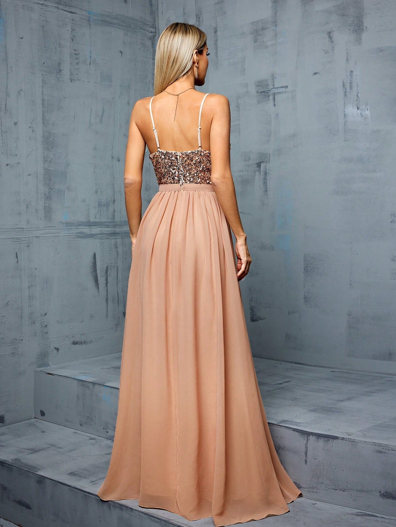 Women's Elegant Sequin Chiffon Spaghetti Strap V-Neck Slit A-Line Dress Party Wedding