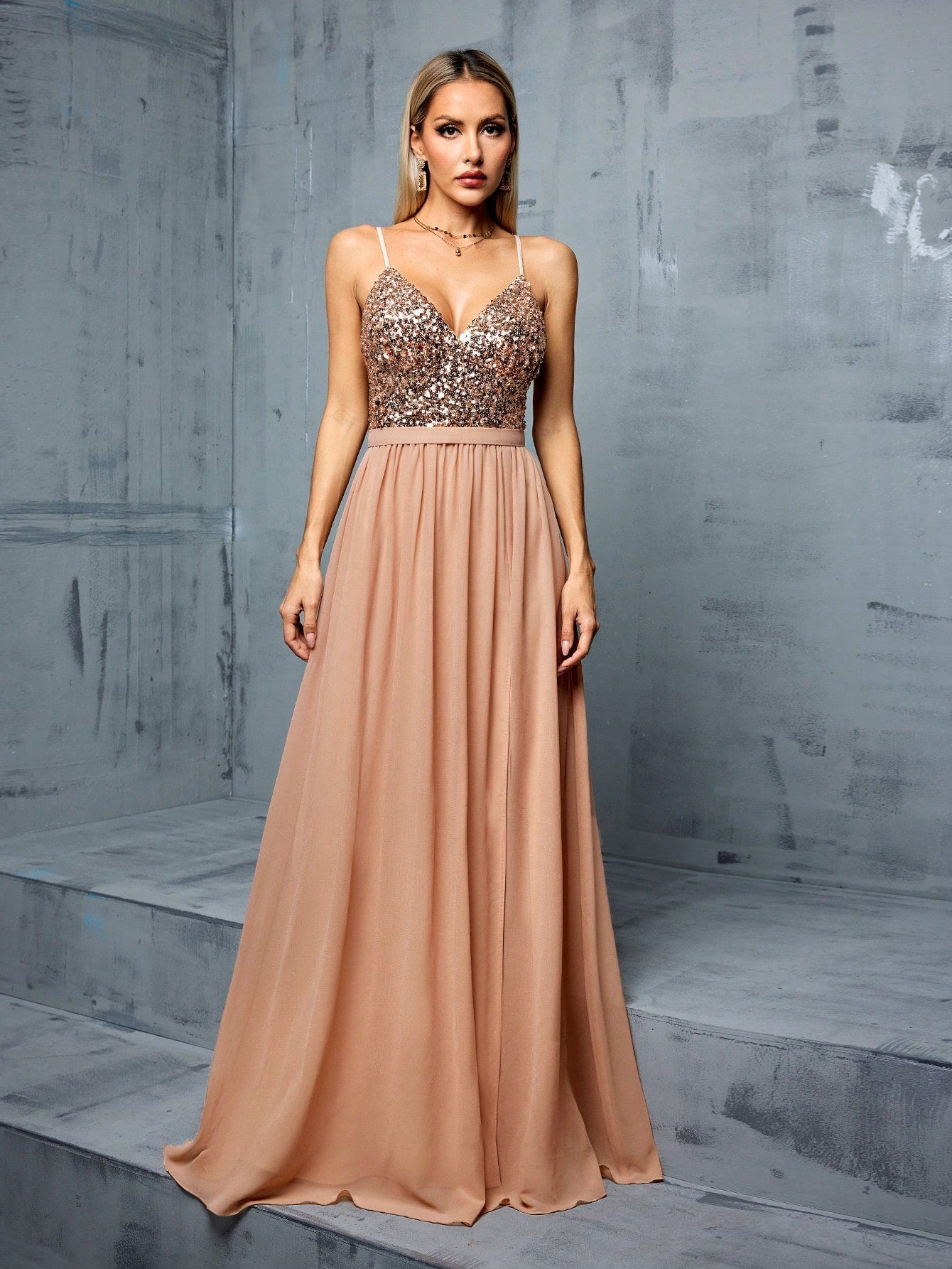 Women's Elegant Sequin Chiffon Spaghetti Strap V-Neck Slit A-Line Dress Party Wedding