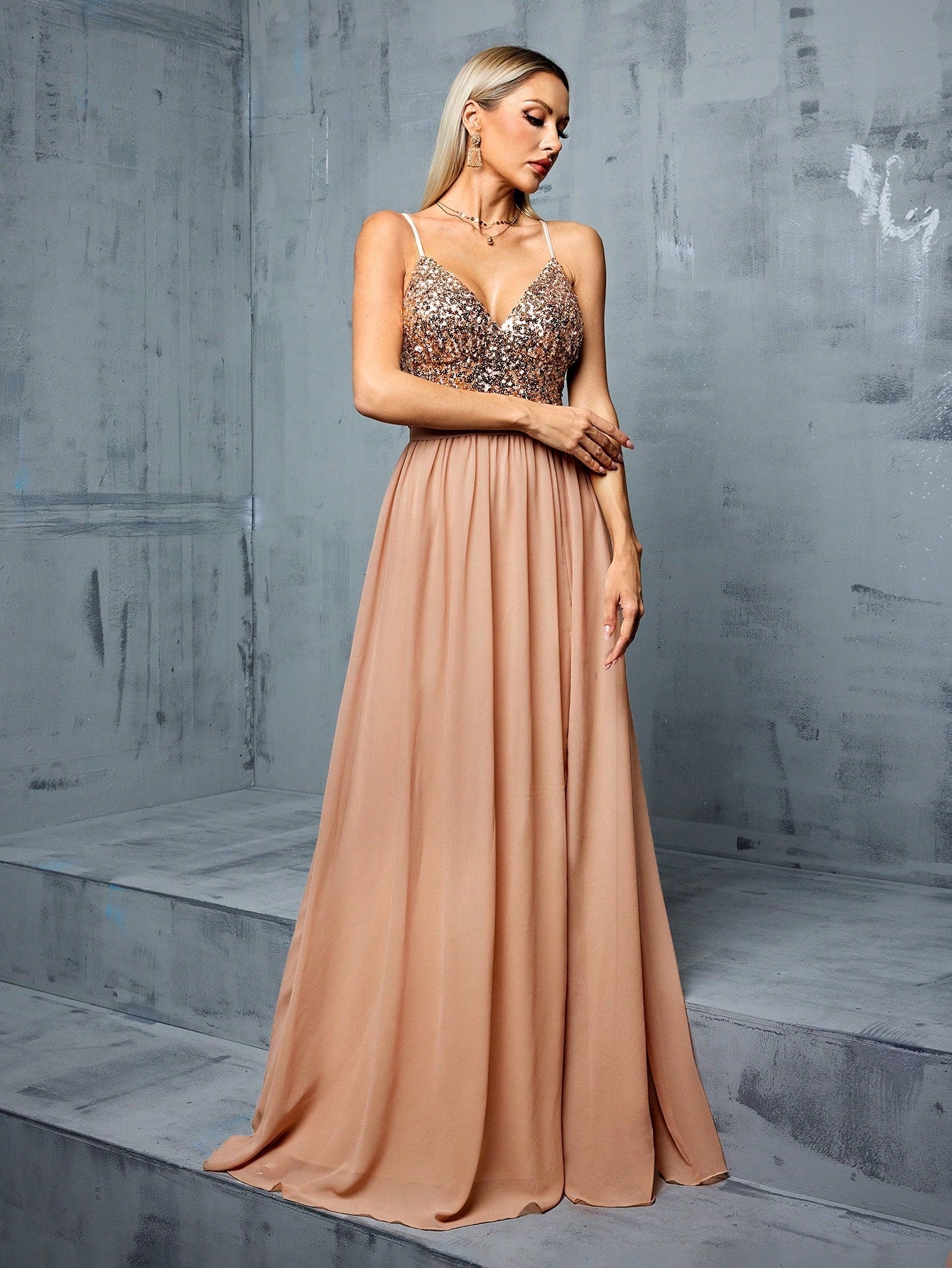 Women's Elegant Sequin Chiffon Spaghetti Strap V-Neck Slit A-Line Dress Party Wedding