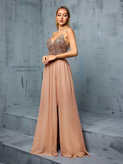 Women's Elegant Sequin Chiffon Spaghetti Strap V-Neck Slit A-Line Dress Party Wedding