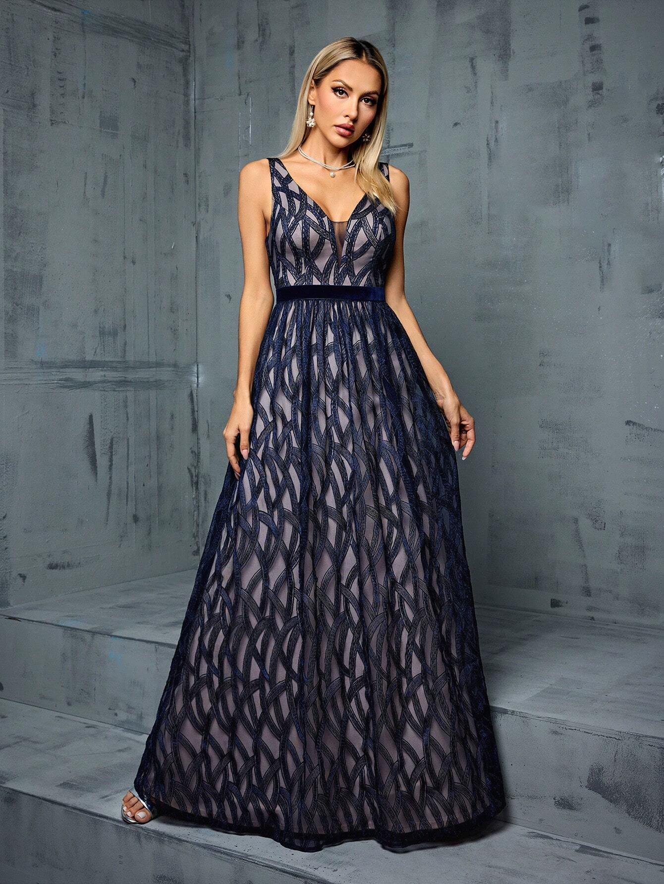 V-Neck Sexy Embroidered Lace Contrast Color Dress With Flared Hem Elegant Bridesmaid Dress