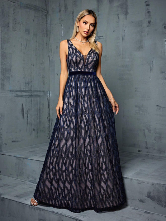 V-Neck Sexy Embroidered Lace Contrast Color Dress With Flared Hem Elegant Bridesmaid Dress