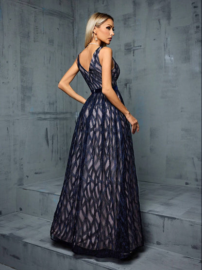 V-Neck Sexy Embroidered Lace Contrast Color Dress With Flared Hem Elegant Bridesmaid Dress