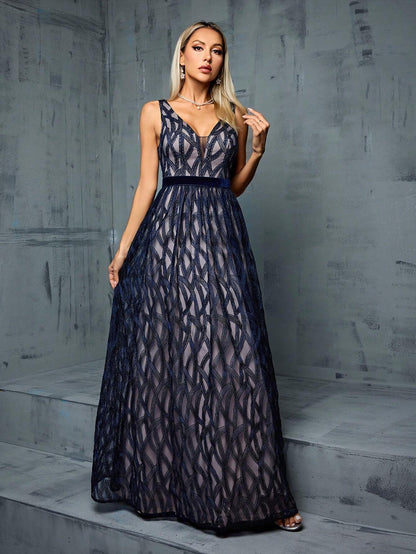 V-Neck Sexy Embroidered Lace Contrast Color Dress With Flared Hem Elegant Bridesmaid Dress