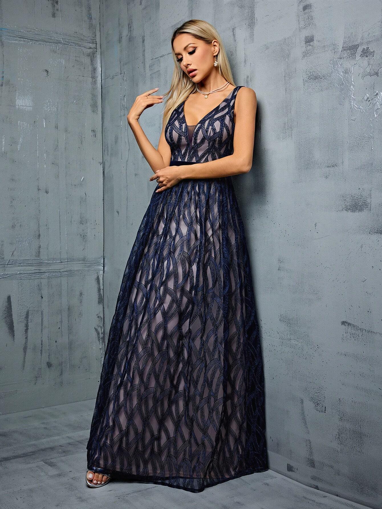 V-Neck Sexy Embroidered Lace Contrast Color Dress With Flared Hem Elegant Bridesmaid Dress