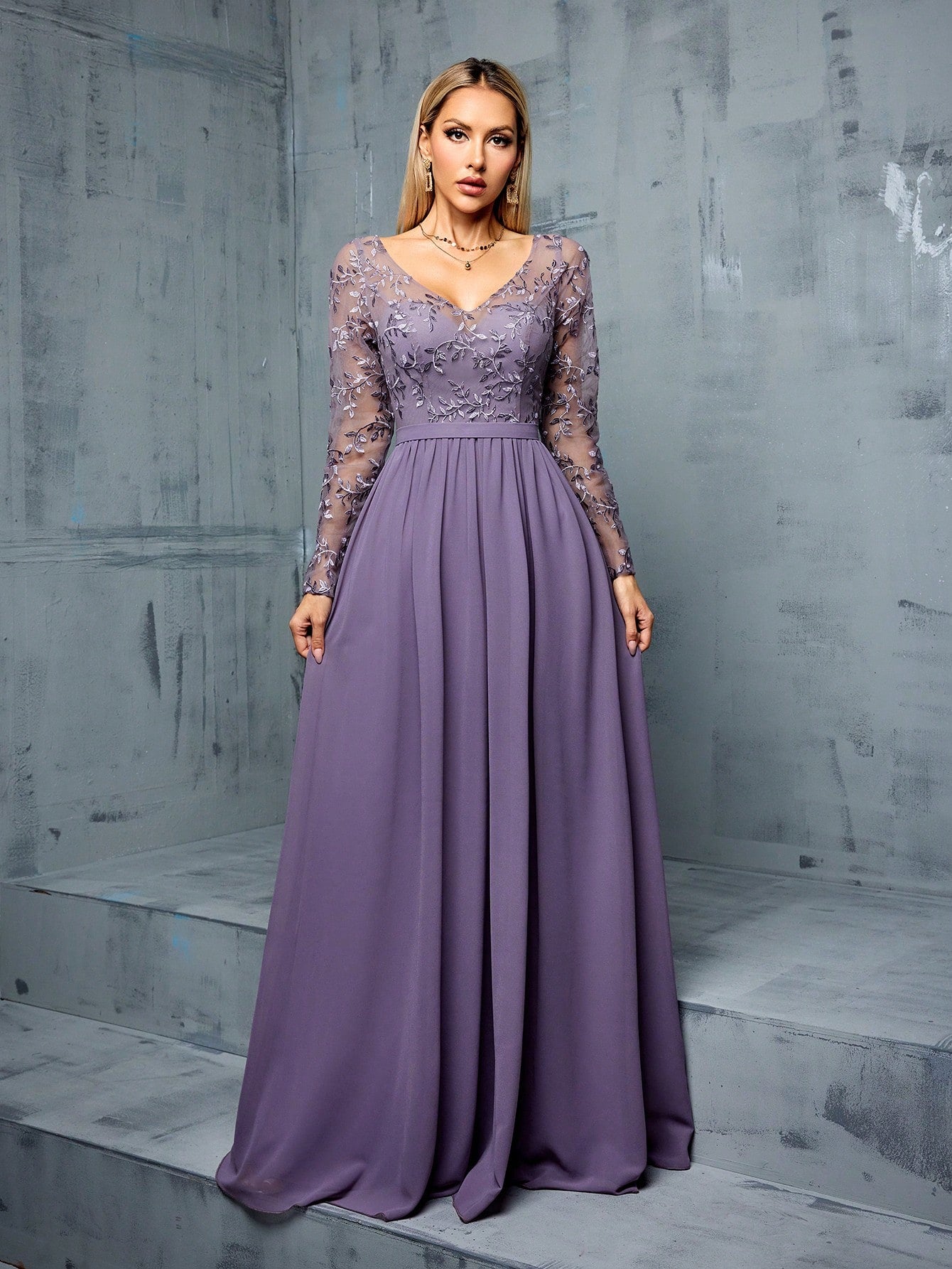 Solid-Color V-Neck Netted Blended Elegant Long-Sleeved Women's Formal Evening Dress Wedding