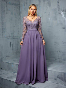 Solid-Color V-Neck Netted Blended Elegant Long-Sleeved Women's Formal Evening Dress Wedding