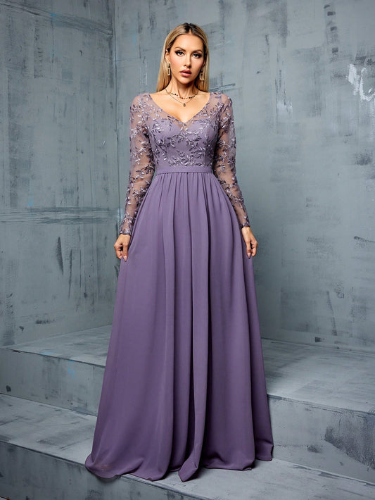 Solid-Color V-Neck Netted Blended Elegant Long-Sleeved Women's Formal Evening Dress Wedding