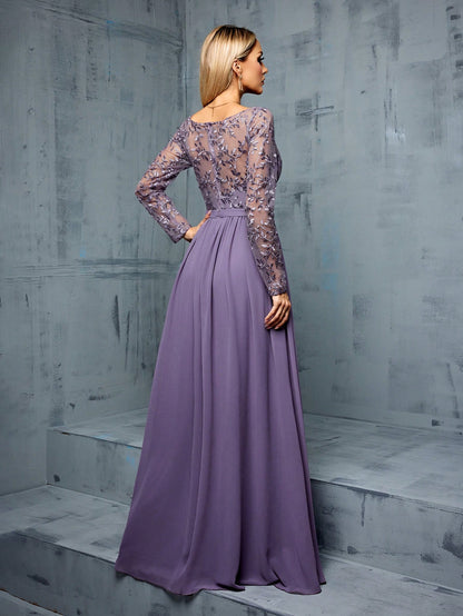 Solid-Color V-Neck Netted Blended Elegant Long-Sleeved Women's Formal Evening Dress Wedding