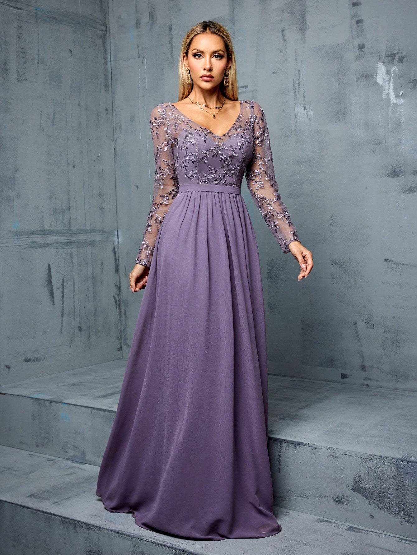 Solid-Color V-Neck Netted Blended Elegant Long-Sleeved Women's Formal Evening Dress Wedding
