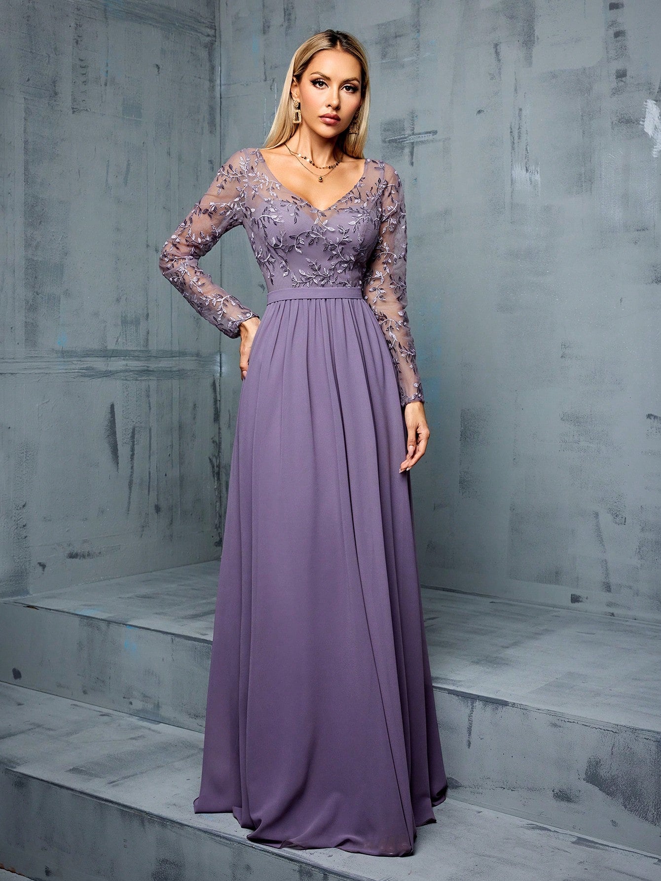Solid-Color V-Neck Netted Blended Elegant Long-Sleeved Women's Formal Evening Dress Wedding
