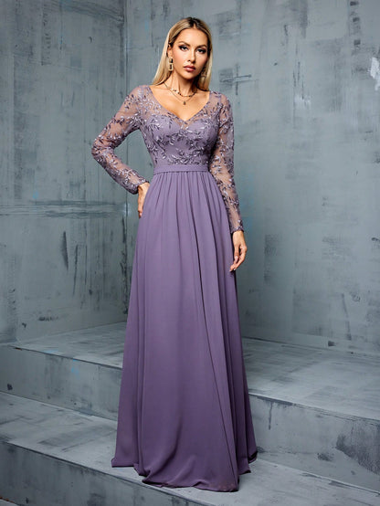 Solid-Color V-Neck Netted Blended Elegant Long-Sleeved Women's Formal Evening Dress Wedding