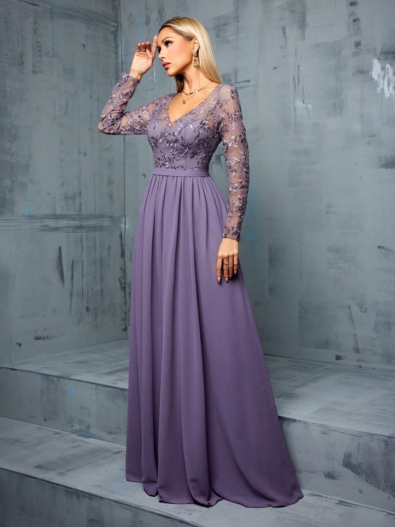 Solid-Color V-Neck Netted Blended Elegant Long-Sleeved Women's Formal Evening Dress Wedding