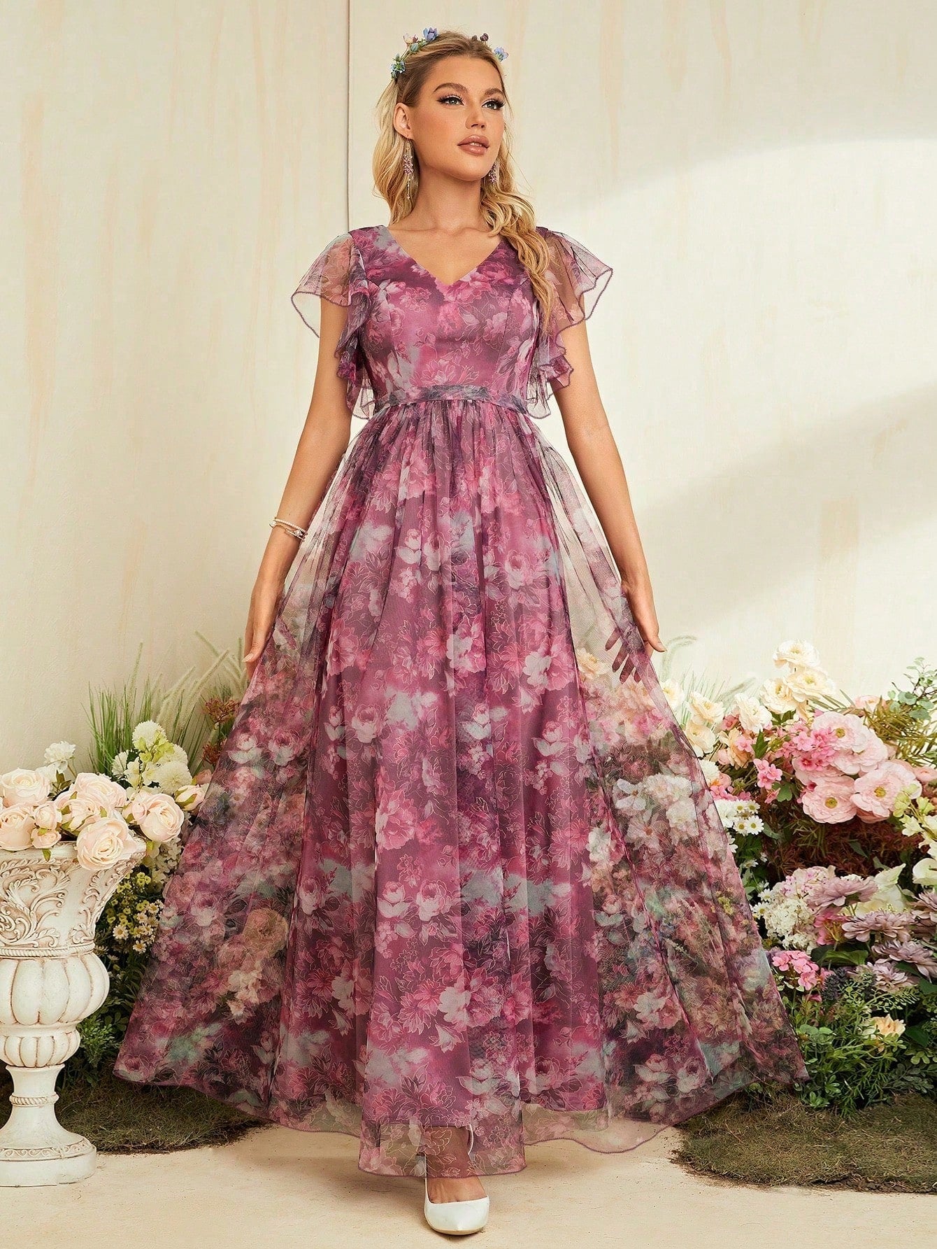 V-Neck Floral Print Mesh Mother Of The Bride Dress Wedding Vacation Spring
