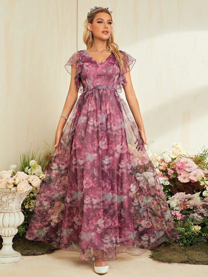 V-Neck Floral Print Mesh Mother Of The Bride Dress Wedding Vacation Spring