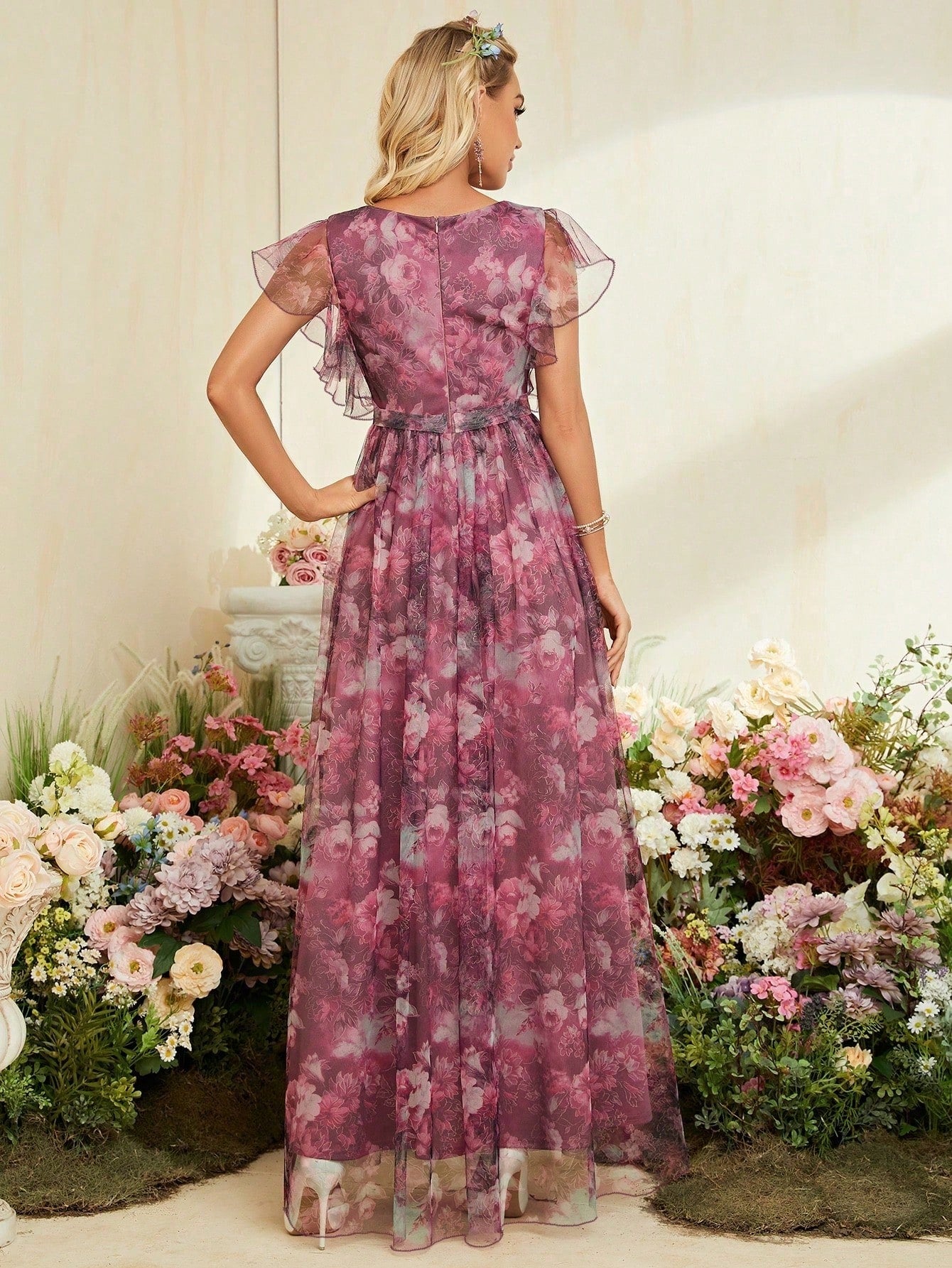 V-Neck Floral Print Mesh Mother Of The Bride Dress Wedding Vacation Spring