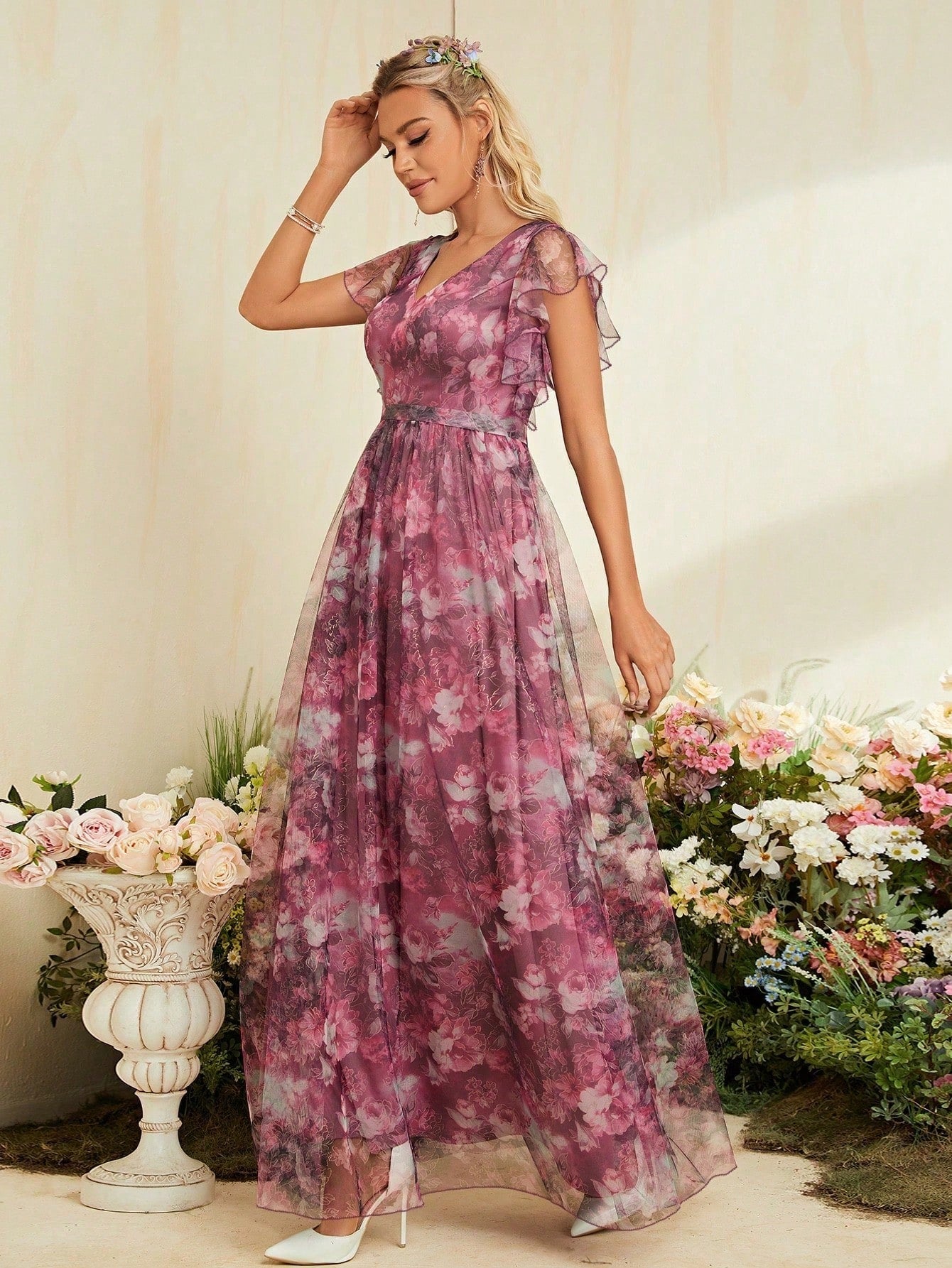 V-Neck Floral Print Mesh Mother Of The Bride Dress Wedding Vacation Spring