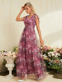 V-Neck Floral Print Mesh Mother Of The Bride Dress Wedding Vacation Spring