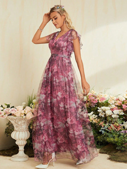 V-Neck Floral Print Mesh Mother Of The Bride Dress Wedding Vacation Spring