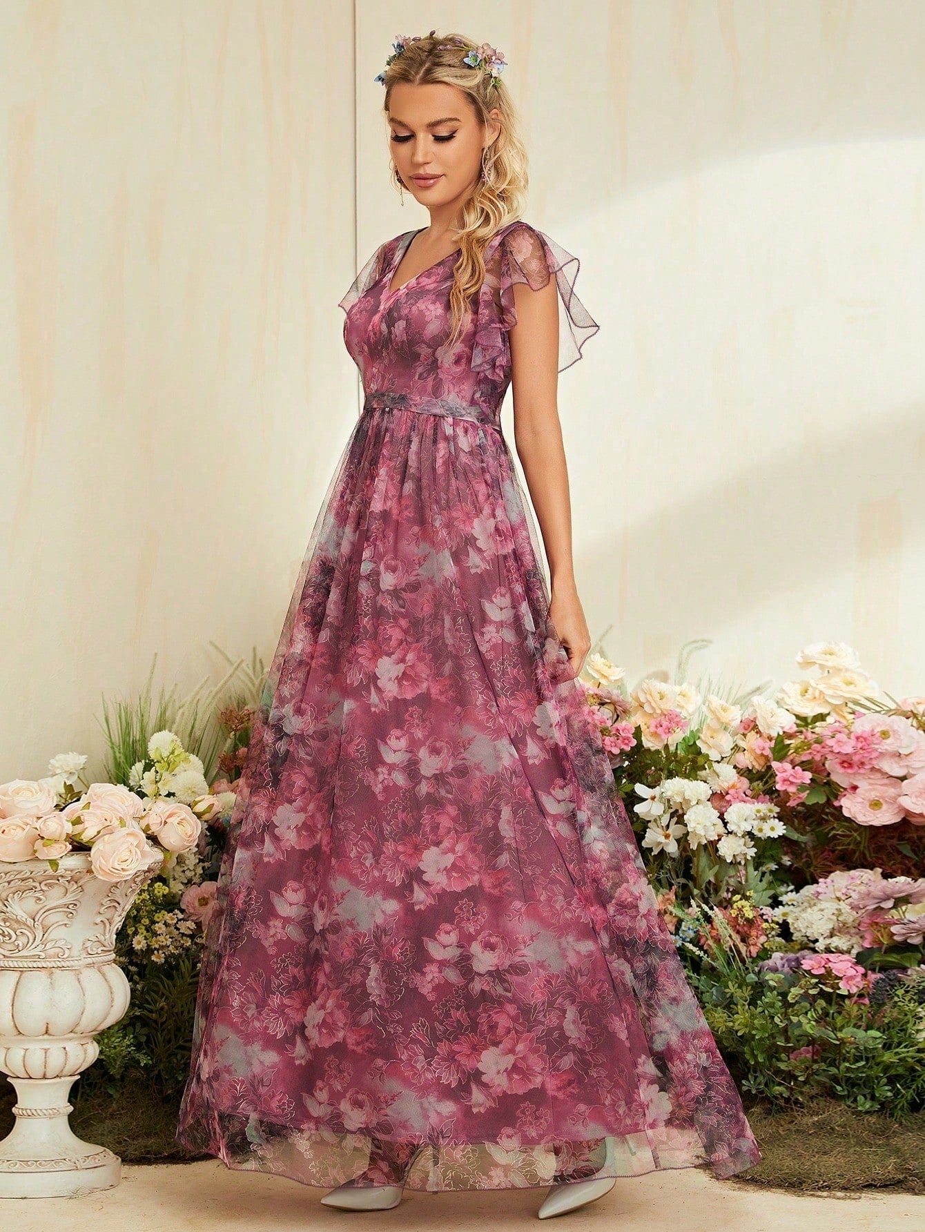V-Neck Floral Print Mesh Mother Of The Bride Dress Wedding Vacation Spring
