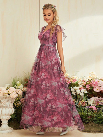 V-Neck Floral Print Mesh Mother Of The Bride Dress Wedding Vacation Spring