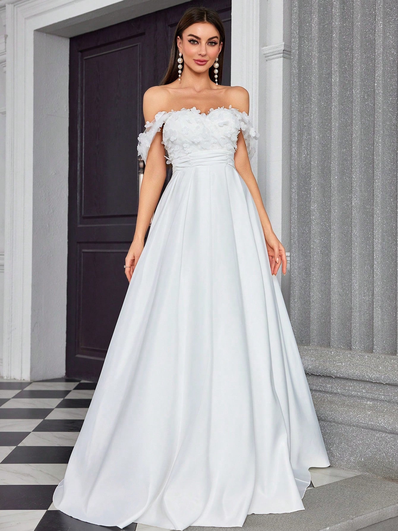 Elegant V-Neck Floral Embroidery Patchwork Satin Dress For Bridal Shower Wedding