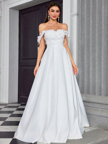 Elegant V-Neck Floral Embroidery Patchwork Satin Dress For Bridal Shower Wedding