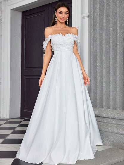 Elegant V-Neck Floral Embroidery Patchwork Satin Dress For Bridal Shower Wedding