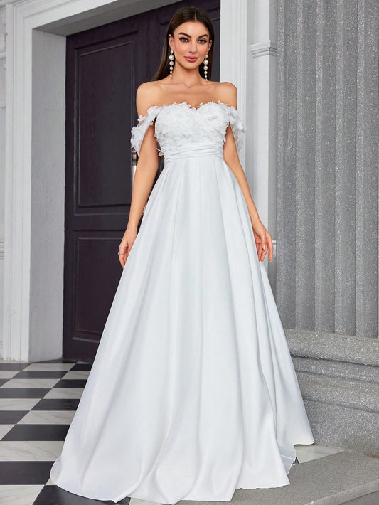 Elegant V-Neck Floral Embroidery Patchwork Satin Dress For Bridal Shower Wedding