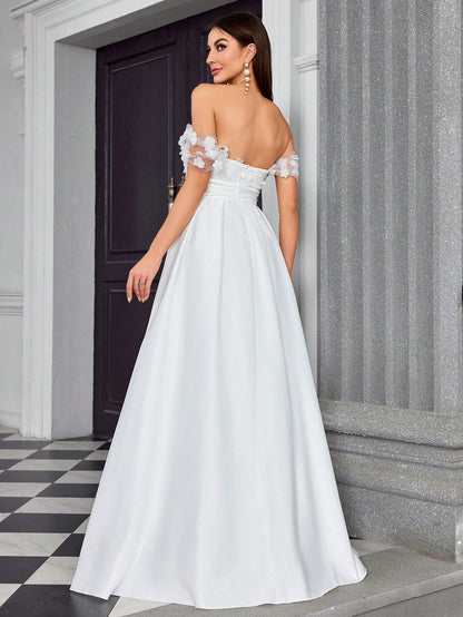 Elegant V-Neck Floral Embroidery Patchwork Satin Dress For Bridal Shower Wedding