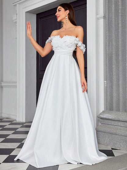 Elegant V-Neck Floral Embroidery Patchwork Satin Dress For Bridal Shower Wedding