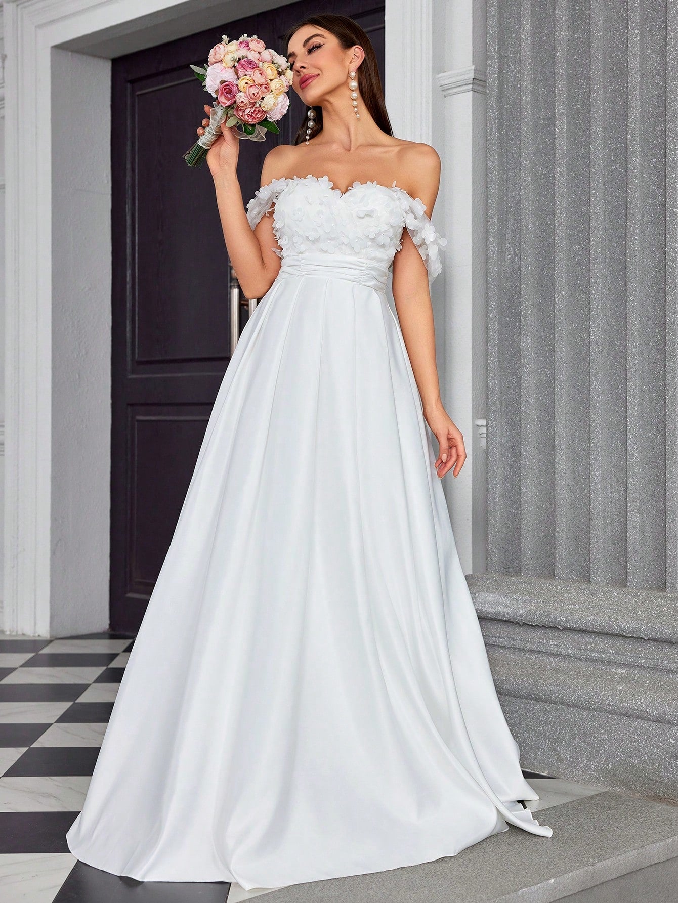 Elegant V-Neck Floral Embroidery Patchwork Satin Dress For Bridal Shower Wedding