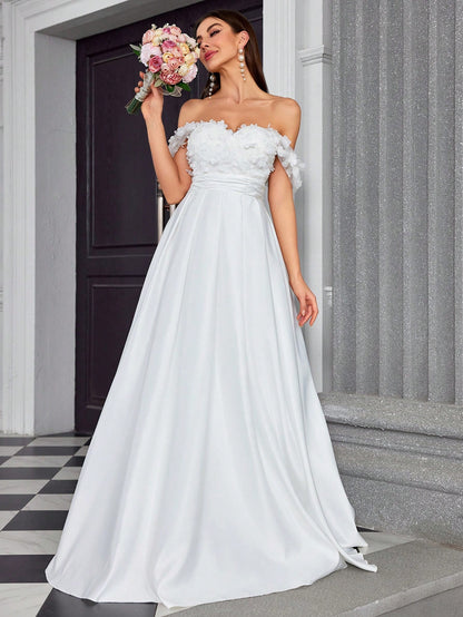 Elegant V-Neck Floral Embroidery Patchwork Satin Dress For Bridal Shower Wedding