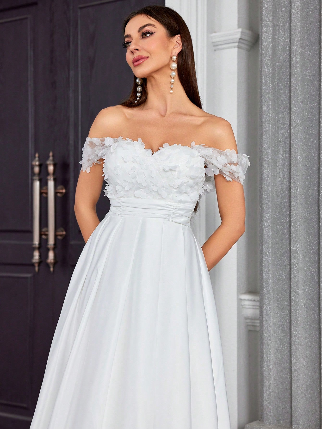Elegant V-Neck Floral Embroidery Patchwork Satin Dress For Bridal Shower Wedding