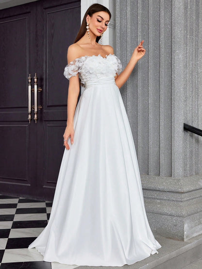 Elegant V-Neck Floral Embroidery Patchwork Satin Dress For Bridal Shower Wedding