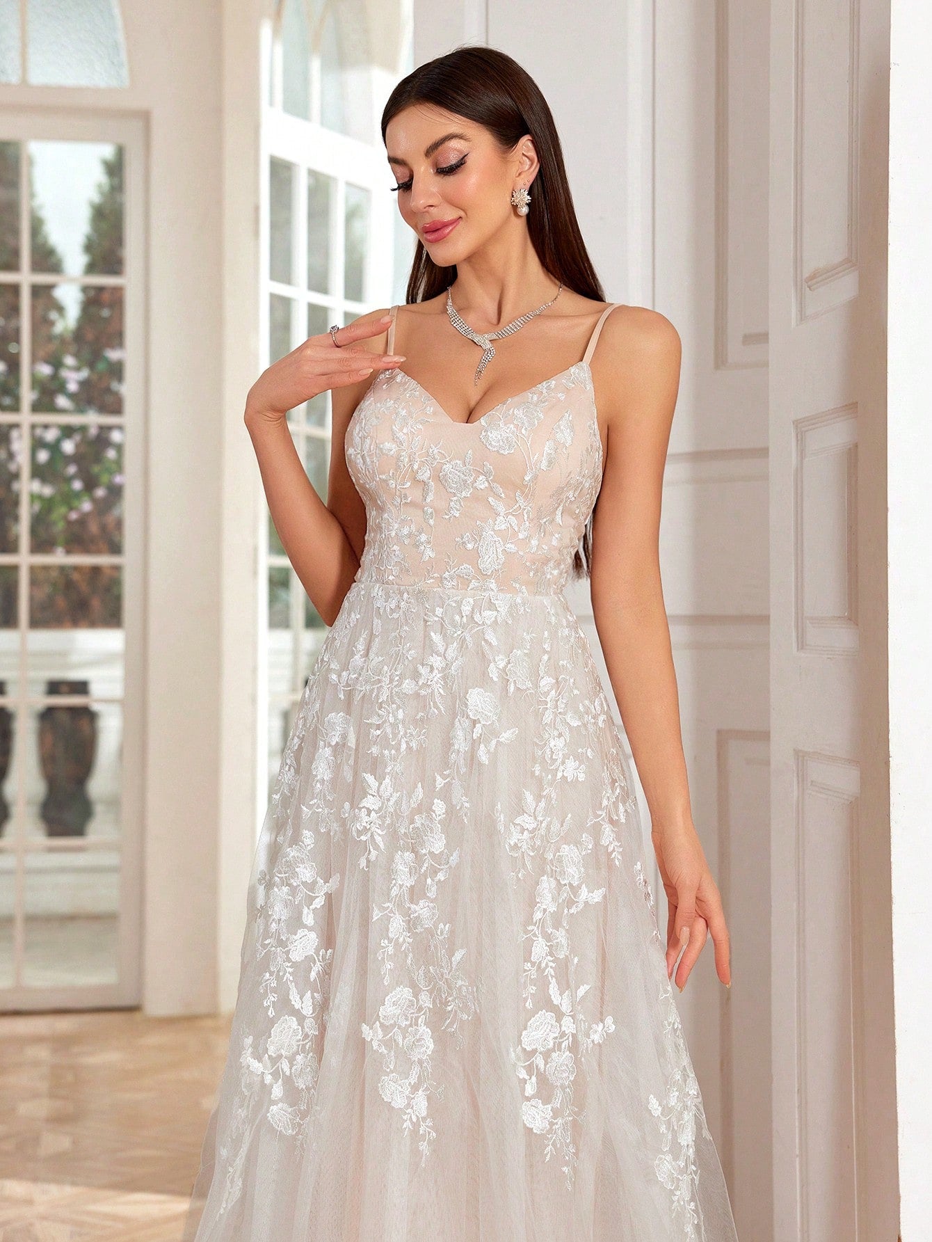 Elegant Floral Lace Spaghetti Strap V-Neck A-Line Tulle Maxi Dress For Women Summer Wedding, Prom, Party, Vacation & Festival White