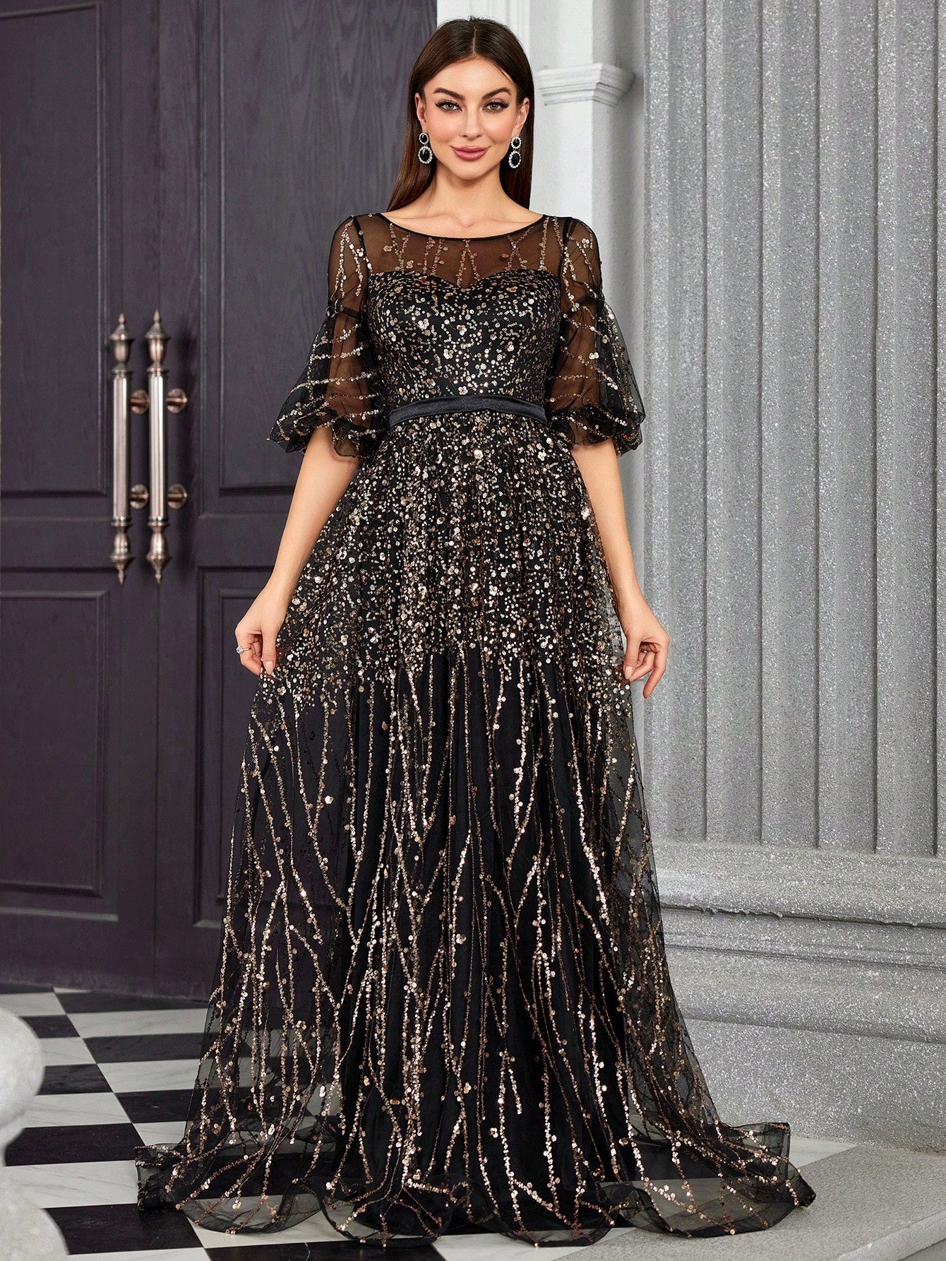 Round Neck Half-See-Through Glitter Puff Sleeve Dress Elegant Prom Semi Formal Wedding Guest Dress, For Birthday, Graduation, Homecoming Party Dress