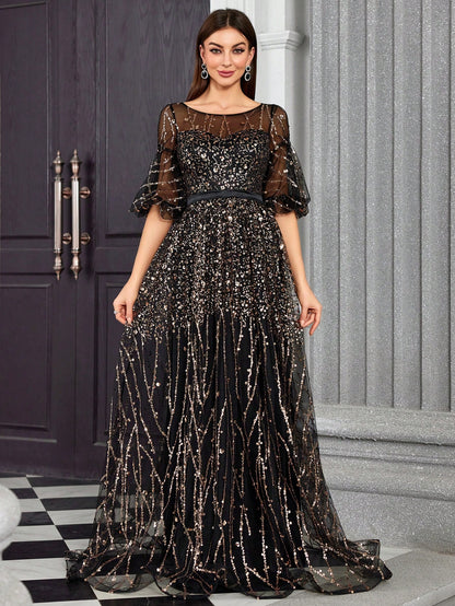 Round Neck Half-See-Through Glitter Puff Sleeve Dress Elegant Prom Semi Formal Wedding Guest Dress, For Birthday, Graduation, Homecoming Party Dress