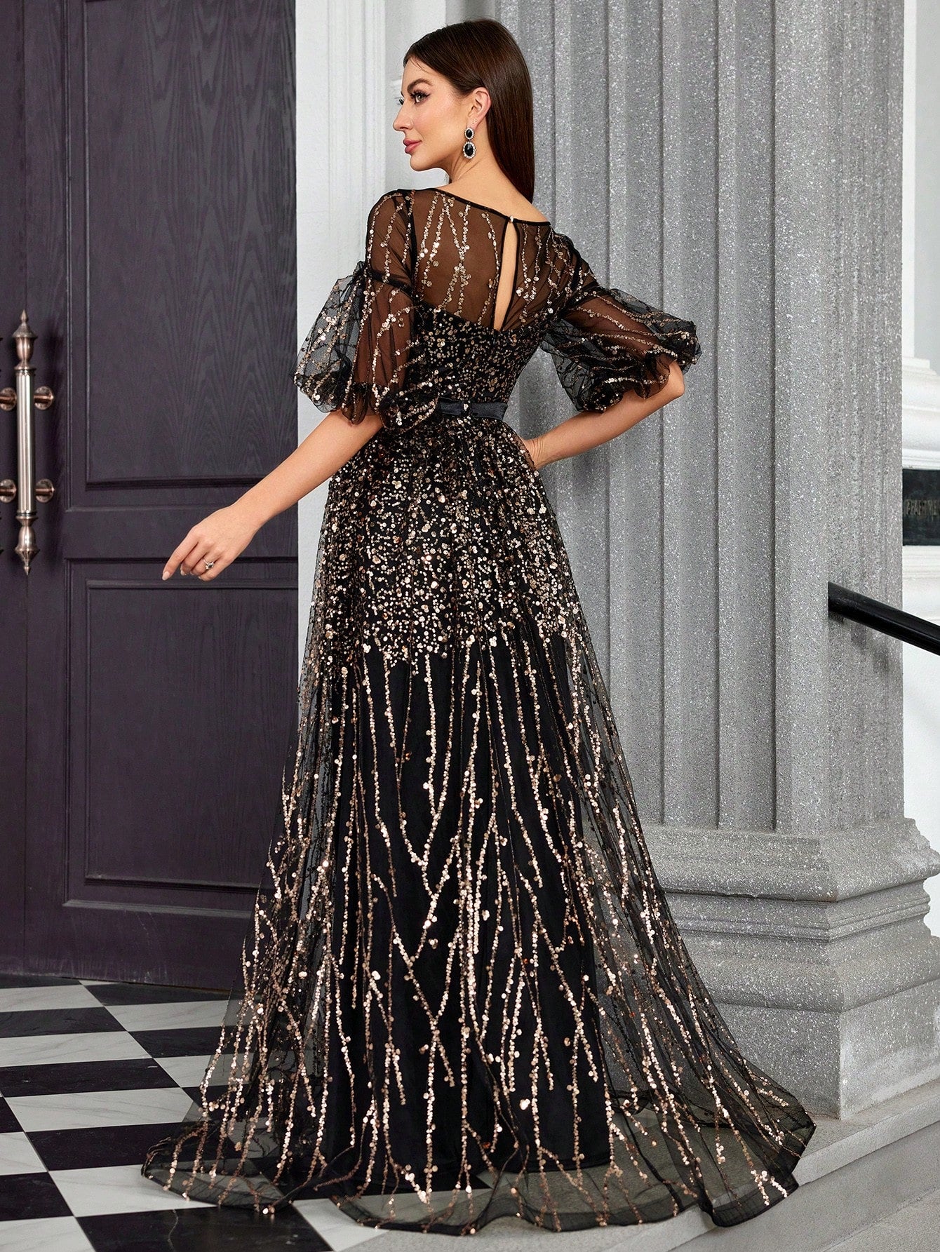 Round Neck Half-See-Through Glitter Puff Sleeve Dress Elegant Prom Semi Formal Wedding Guest Dress, For Birthday, Graduation, Homecoming Party Dress