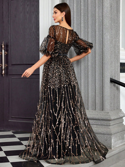 Round Neck Half-See-Through Glitter Puff Sleeve Dress Elegant Prom Semi Formal Wedding Guest Dress, For Birthday, Graduation, Homecoming Party Dress