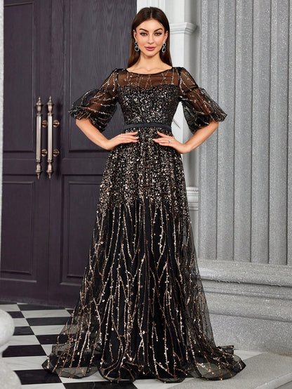 Round Neck Half-See-Through Glitter Puff Sleeve Dress Elegant Prom Semi Formal Wedding Guest Dress, For Birthday, Graduation, Homecoming Party Dress