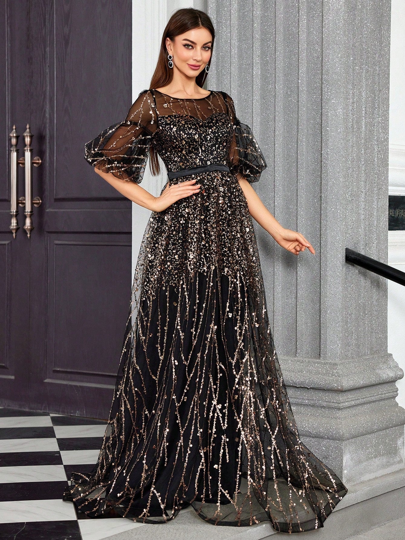 Round Neck Half-See-Through Glitter Puff Sleeve Dress Elegant Prom Semi Formal Wedding Guest Dress, For Birthday, Graduation, Homecoming Party Dress