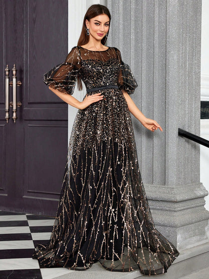 Round Neck Half-See-Through Glitter Puff Sleeve Dress Elegant Prom Semi Formal Wedding Guest Dress, For Birthday, Graduation, Homecoming Party Dress