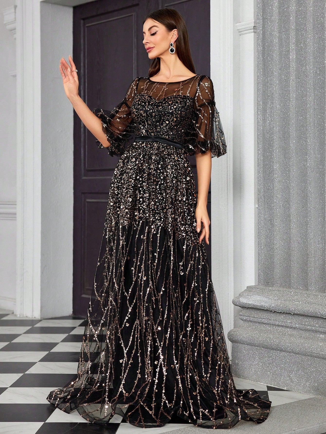 Round Neck Half-See-Through Glitter Puff Sleeve Dress Elegant Prom Semi Formal Wedding Guest Dress, For Birthday, Graduation, Homecoming Party Dress